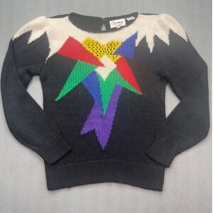 Alexandria Vintage 80s Geometric Knit Sweater Small Black Angora Rabbit Hair